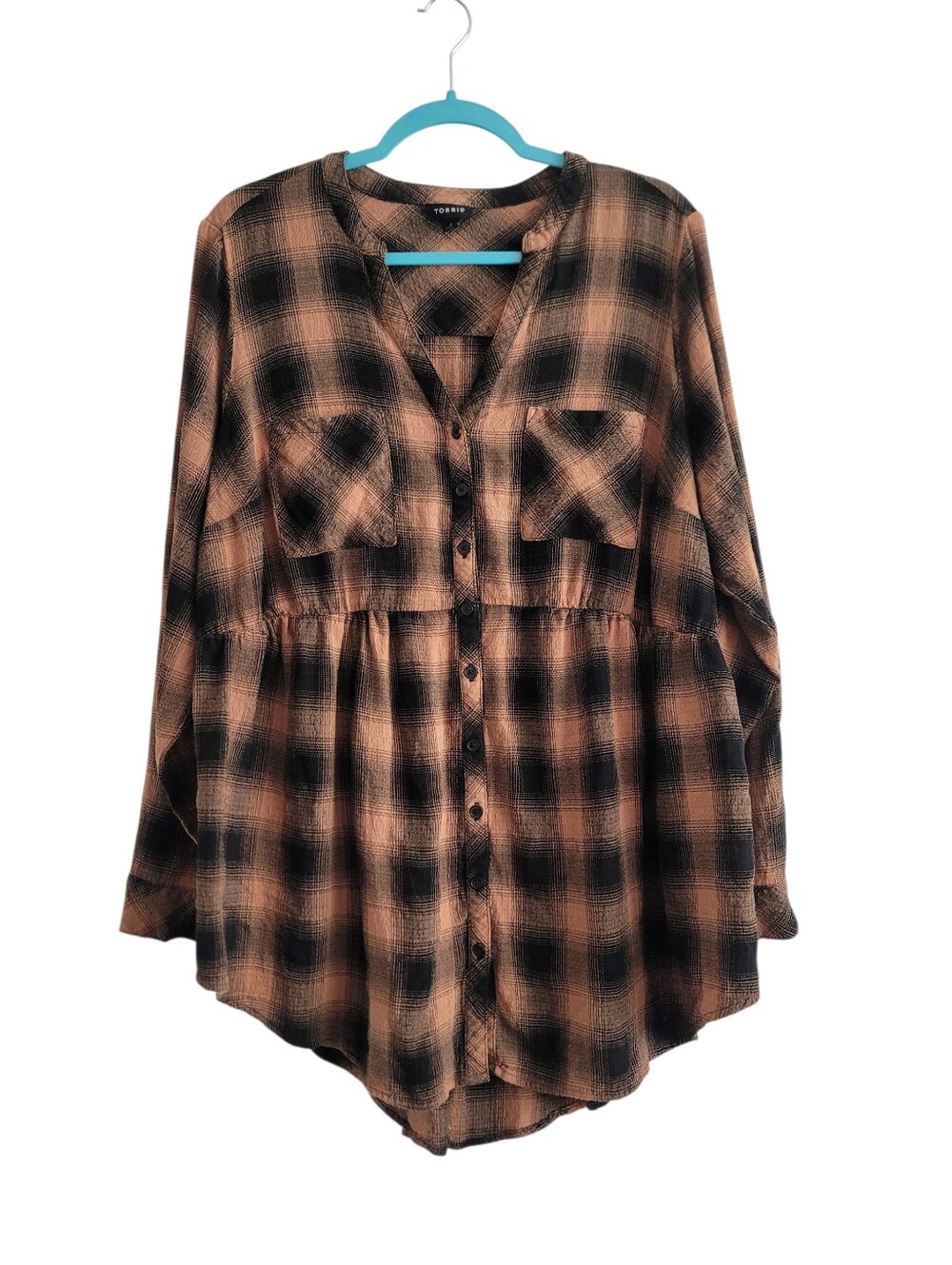 Torrid 2X Brown Plaid Button Up Emma Babydoll Shirt Tunic Fall
